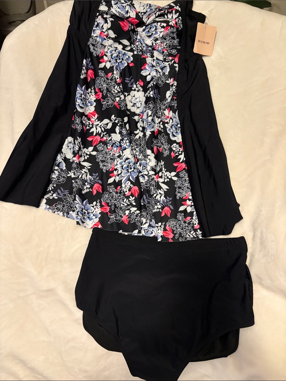 BloomChic Black Floral Tankini with High-Waist Bottoms - Blue, White, Pink